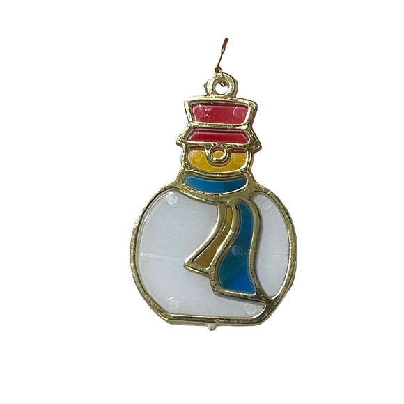 VTG STAINED GLASS STYLE Snowman In Hat Scarf CHRISTMAS SUN CATCHER ORNAMENT - Picture 2 of 3